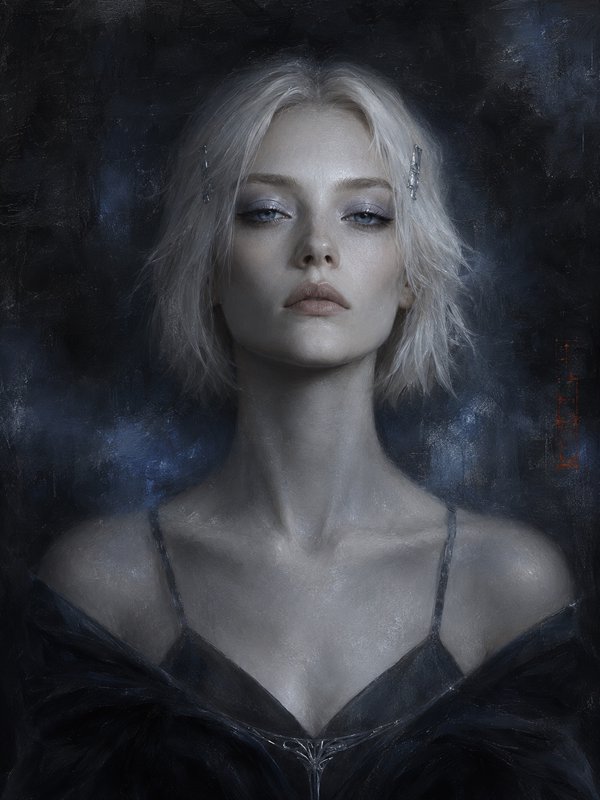 Moody fine art portrait of an ethereal pale platinum blonde woman against a dark misty textured b...