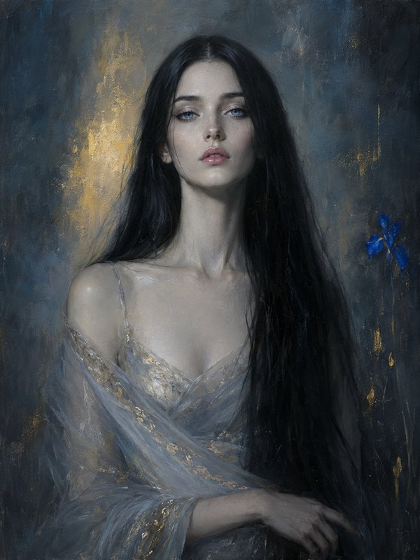 Ethereal oil portrait of a pale woman with long black hair, bright blue eyes, sheer silver gown, ...