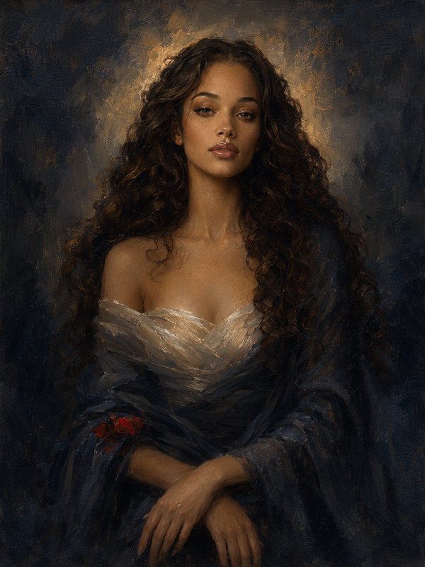 Classical oil portrait of a graceful brown-skinned woman with long curly dark hair, soft golden h...