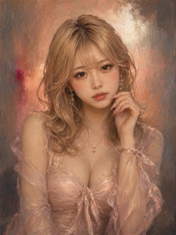 Impressionist oil portrait of a young wavy blonde woman in a sheer blush pink gown, posed gently ...