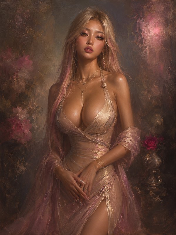 Classical oil portrait of elegant woman with pink-streaked blonde hair in sheer rose gold gown, m...