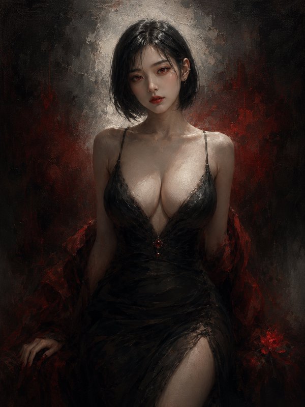 Textured oil portrait of a short-haired East Asian woman in a black slip gown, moody dark red bac...
