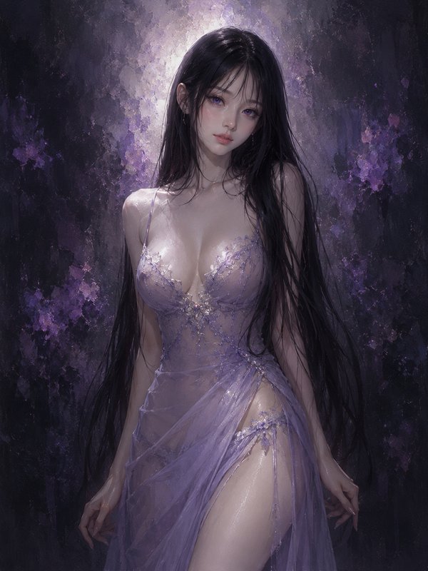 Ethereal fantasy woman with long black hair, violet eyes, and sheer lavender gown against moody p...