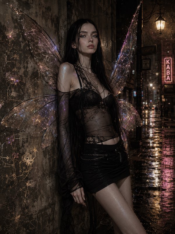 Goth fairy with glowing iridescent wings leans on a weathered wall on a wet neon-lit city street ...