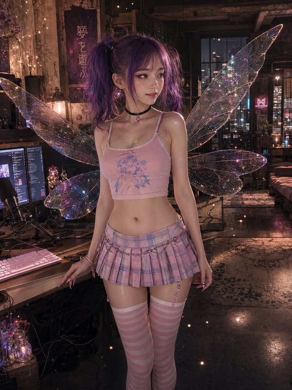 Cosplayer with purple pigtails, glittering translucent fairy wings, and pastel pink outfit stands...