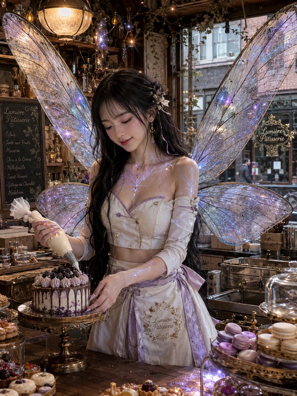 Fairy patissier with translucent iridescent wings decorates a chocolate cake inside a cozy enchan...