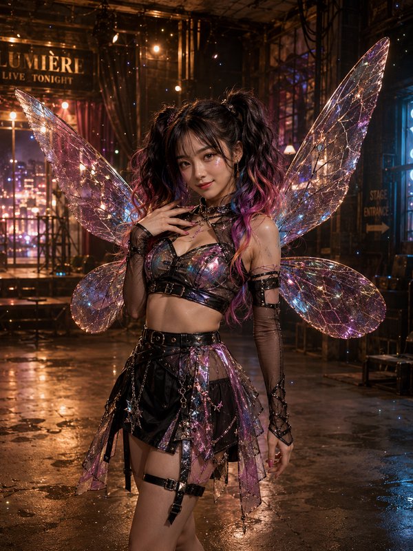 Young cyberpunk fairy cosplayer with iridescent translucent wings poses in a moody industrial nig...
