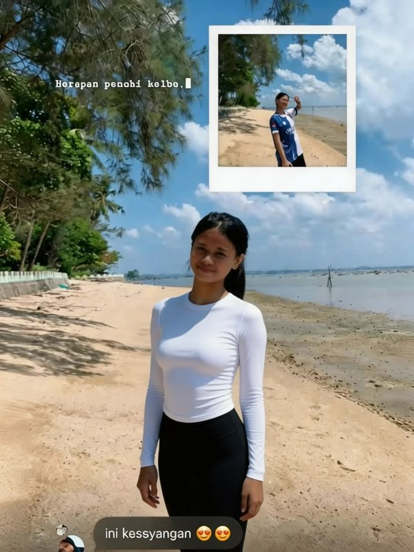 Woman on a sandy beach wearing a white long-sleeve top and black leggings, with a Polaroid-style ...