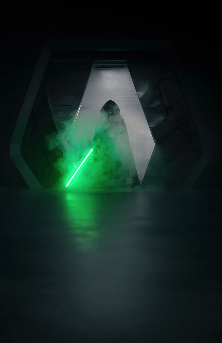 Silhouetted figure with a glowing green lightsaber emerging from a foggy, futuristic doorway.