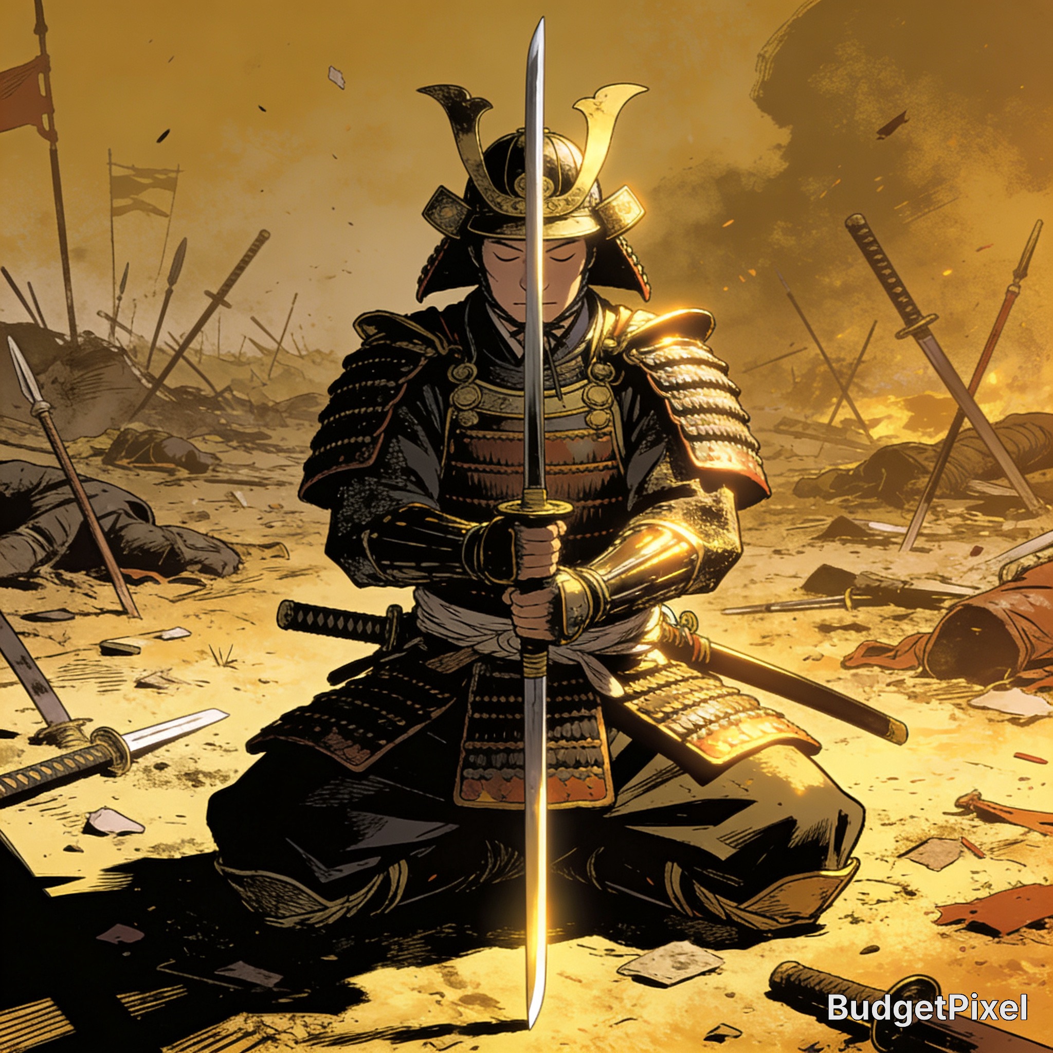 Kneeling samurai in ornate armor grips a katana amid a battlefield of fallen swords and dust.