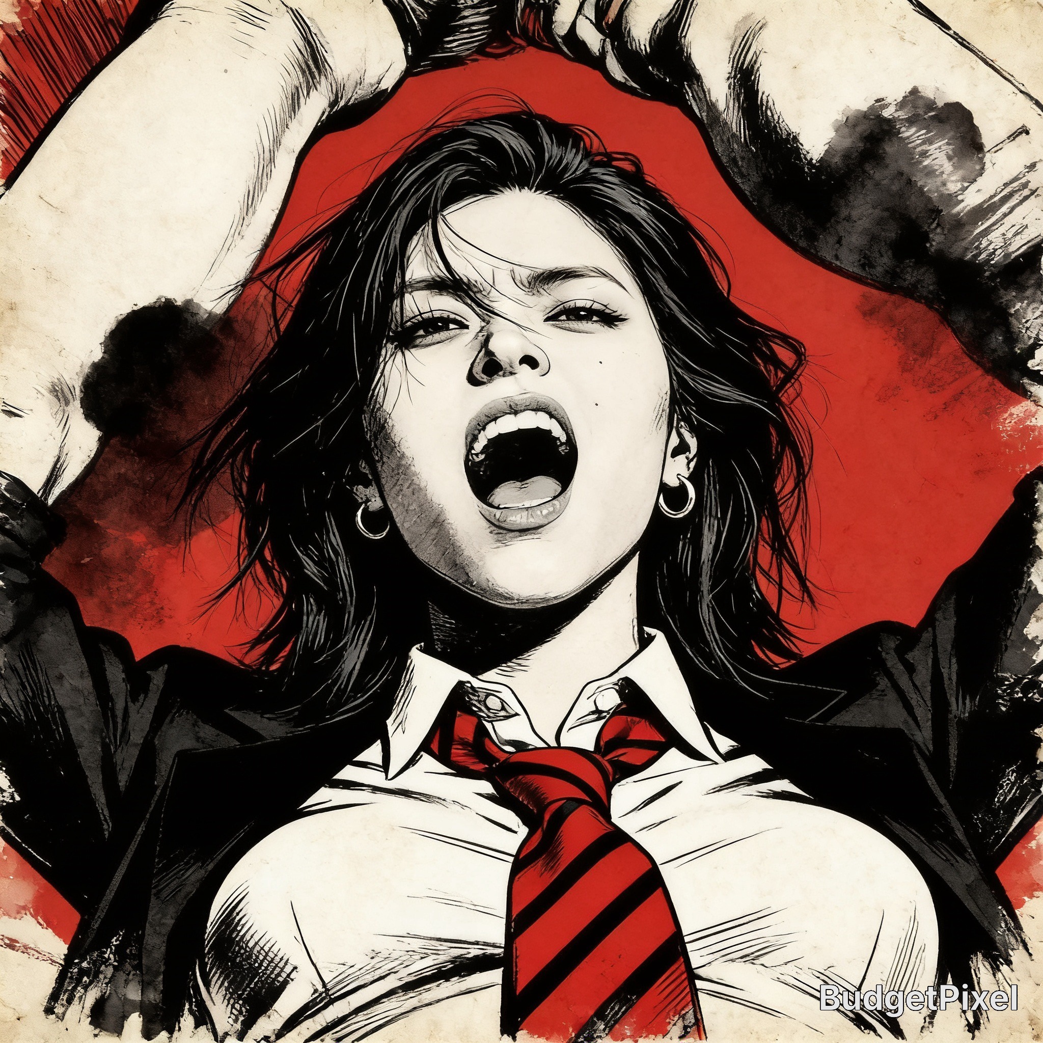Woman in a black blazer and red tie screams with arms raised against a red, ink-style background.