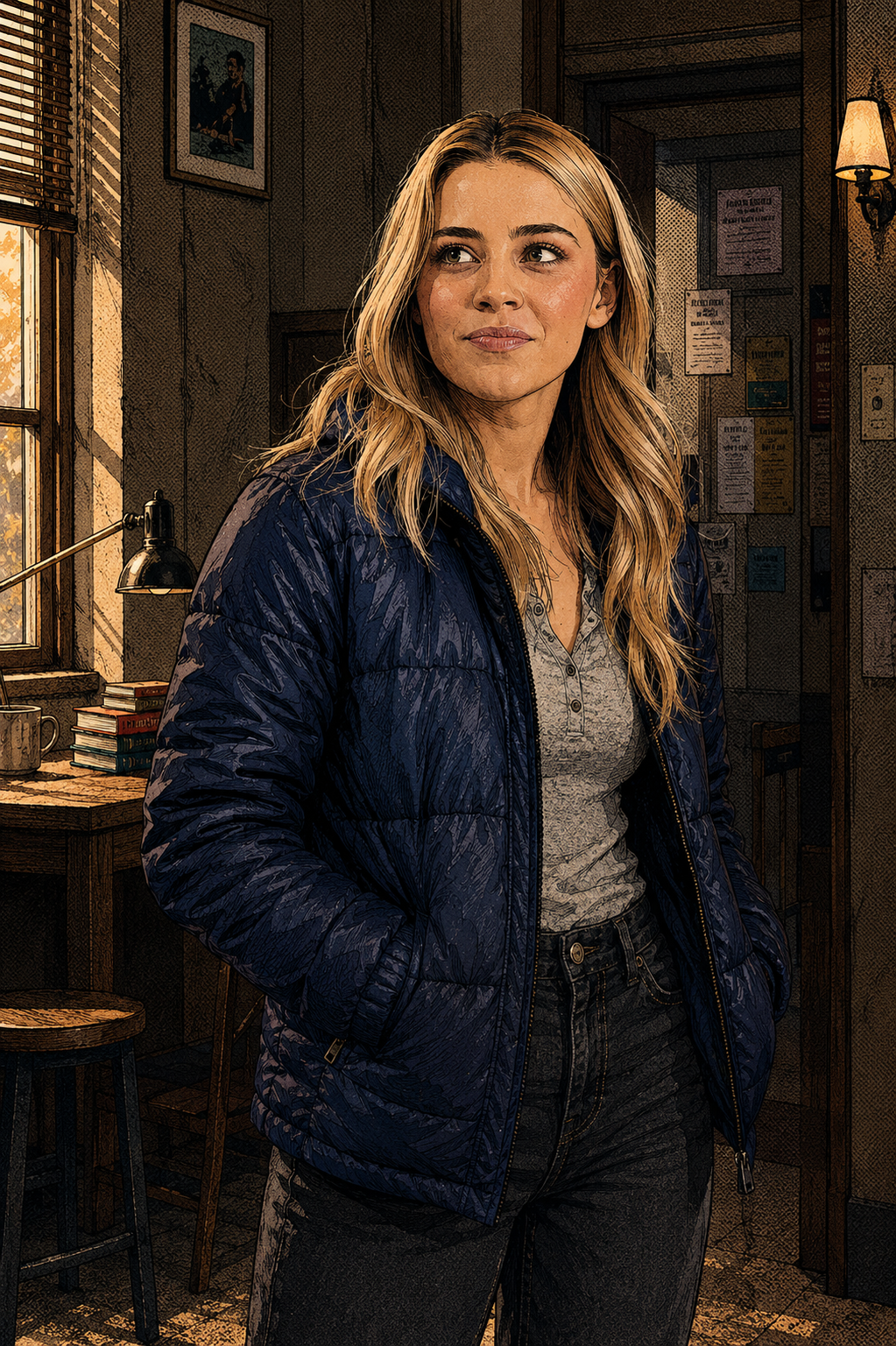 Woman in a blue puffer jacket standing in a warm, cafe-like indoor setting.