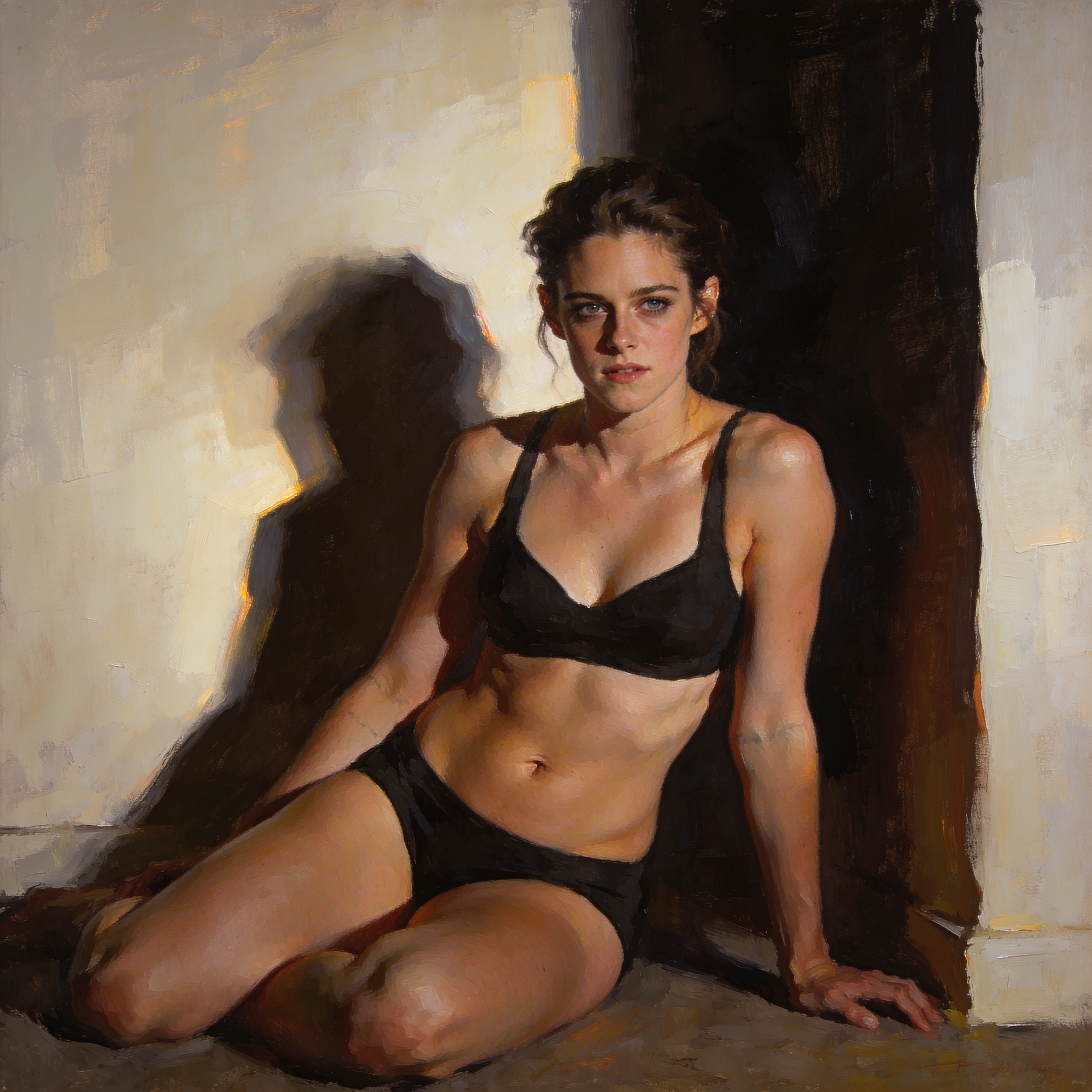 Realist oil portrait of a seated woman in black lingerie lit by dramatic warm side lighting