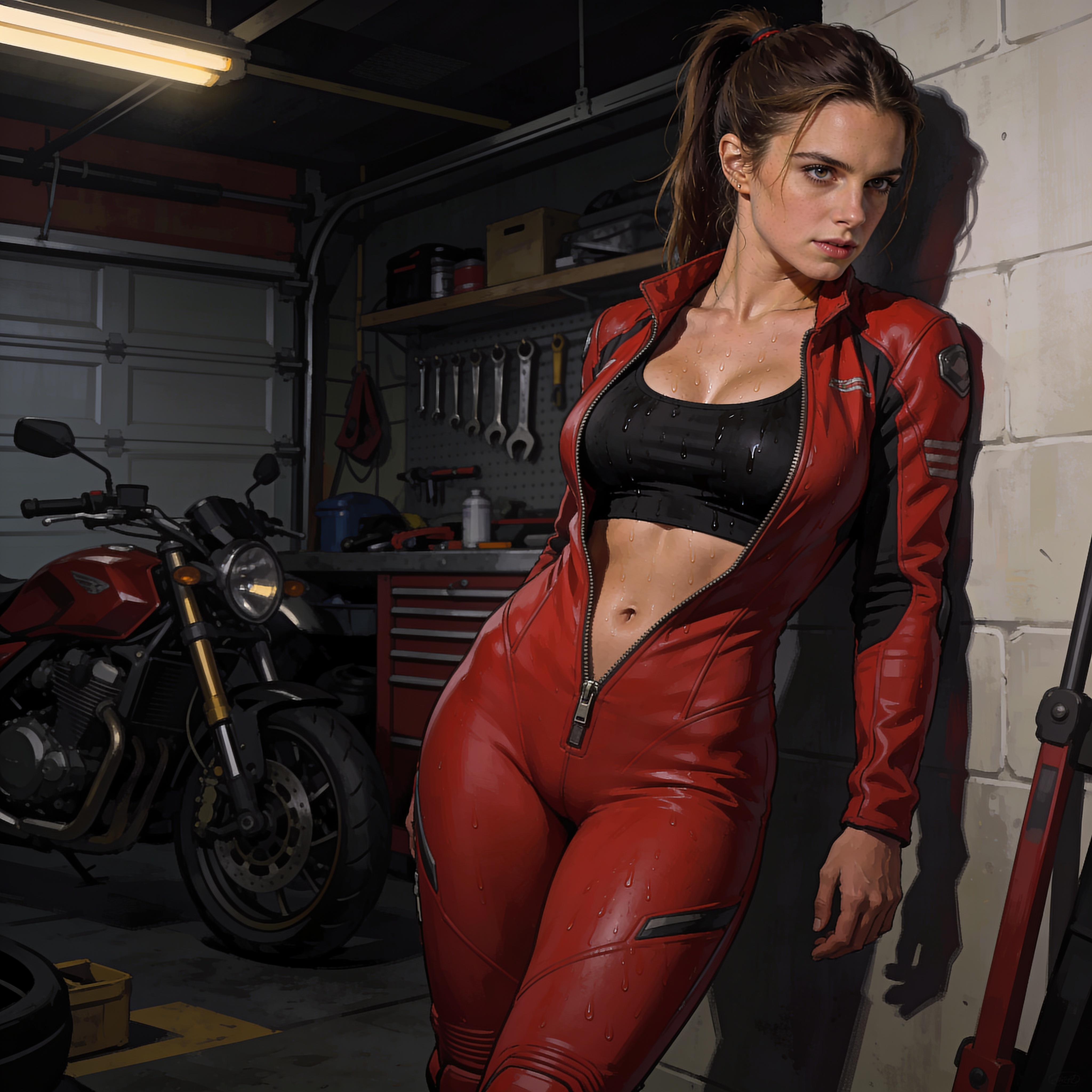 Sweaty woman in a partially unzipped red racing suit leans against a garage wall next to a motorcycle