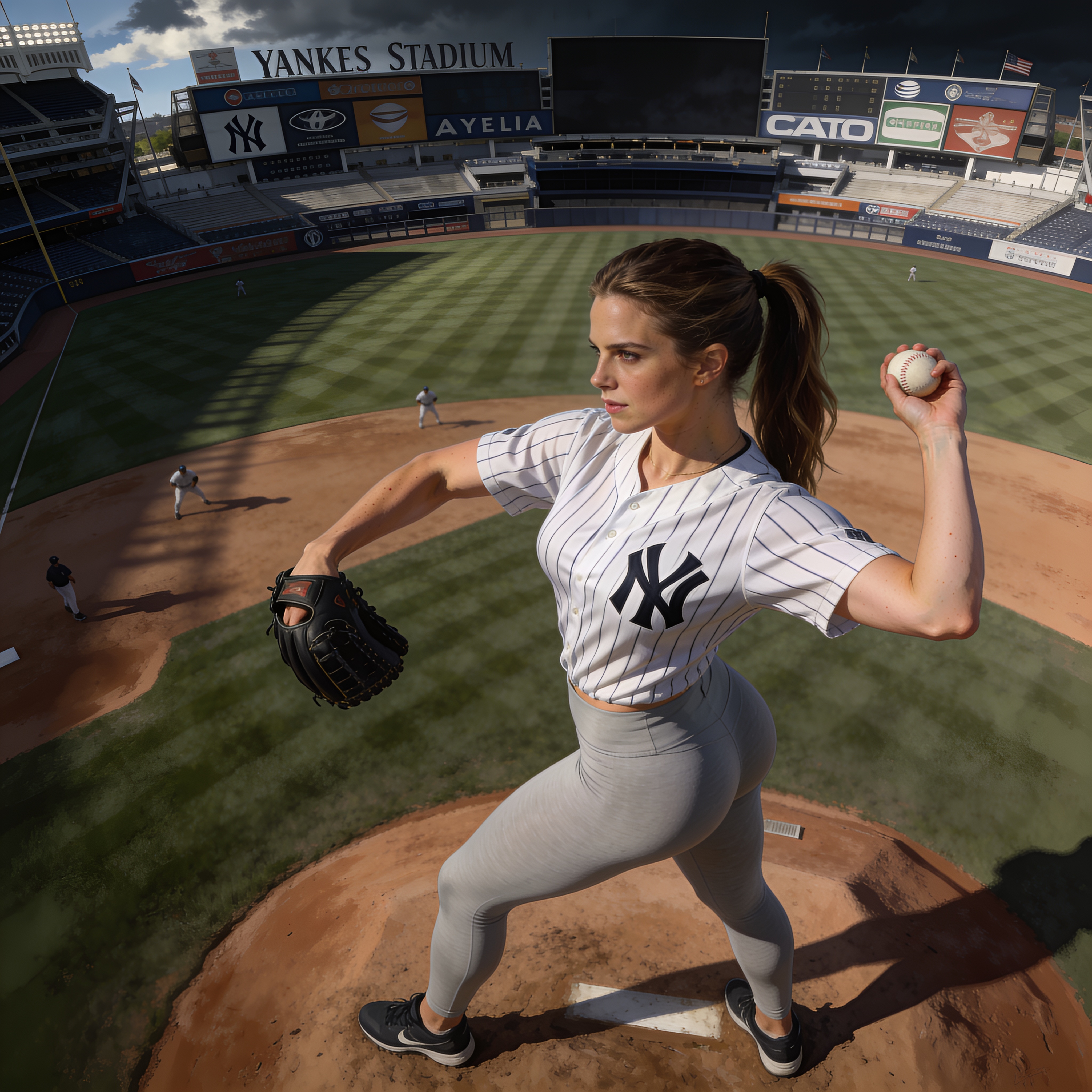 Female pitcher in a Yankees jersey winds up to throw from the stadium pitcher's mound.