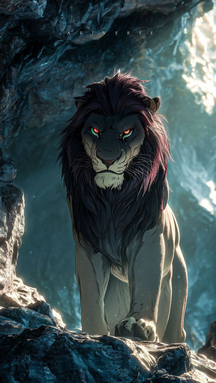 Menacing Scar from The Lion King stands on a rocky cave ledge with glowing mismatched eyes