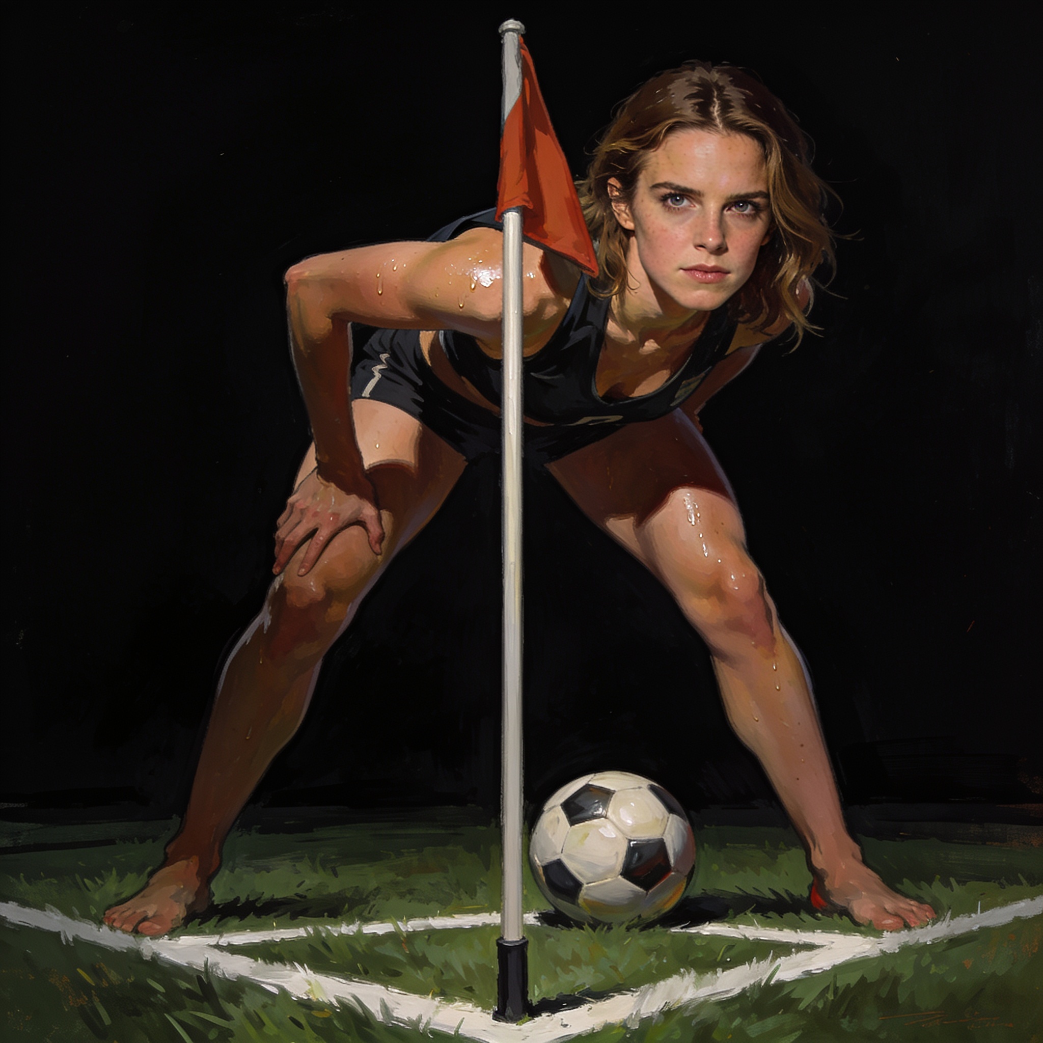 Sweat-glistening female athlete leans beside a soccer corner flag and match ball on green pitch