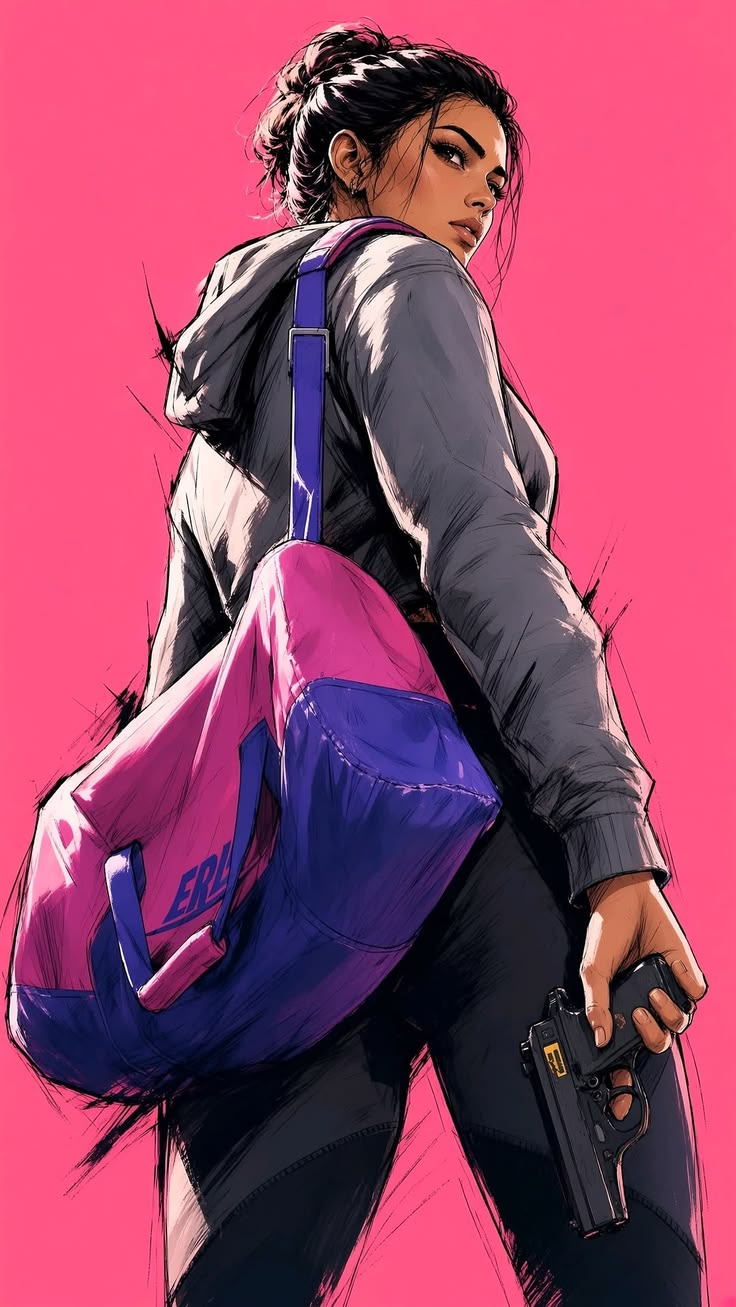 Confident illustrated action woman holding a pistol and duffel bag glances over her shoulder against a bright solid pink