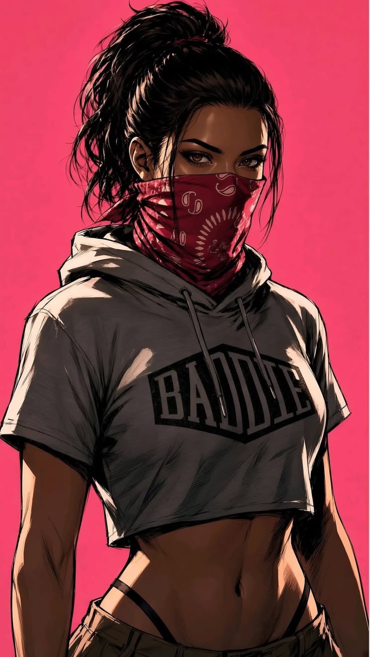 Confident illustrated woman in a cropped hoodie and red paisley bandana against bright pink background