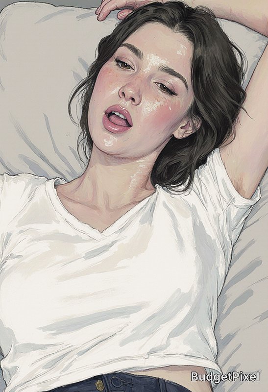Illustration of a woman resting on a bed in a white shirt with lips slightly parted.