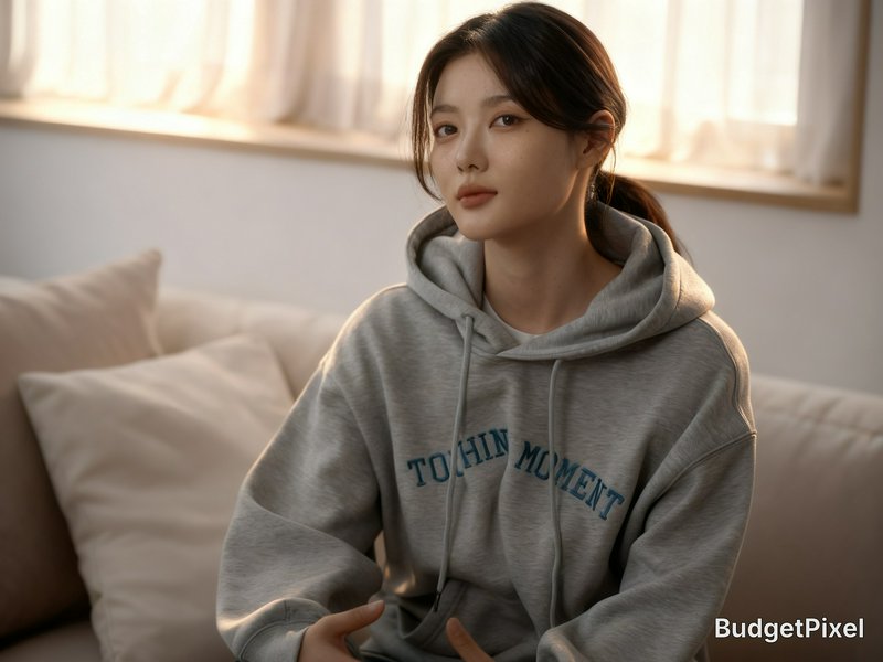 Young woman in a gray hoodie sitting on a couch in a softly lit room.