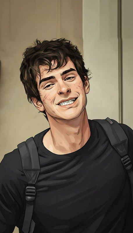 Digital illustration of a smiling young man with dark hair and a backpack.