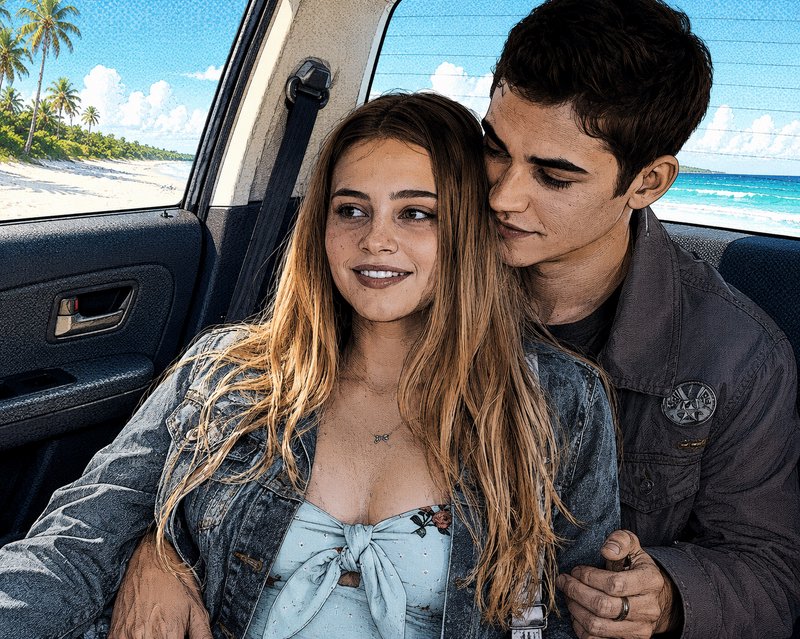 Young couple in a car with a beach view outside; woman in a denim jacket and light blue top, man embracing from behind.