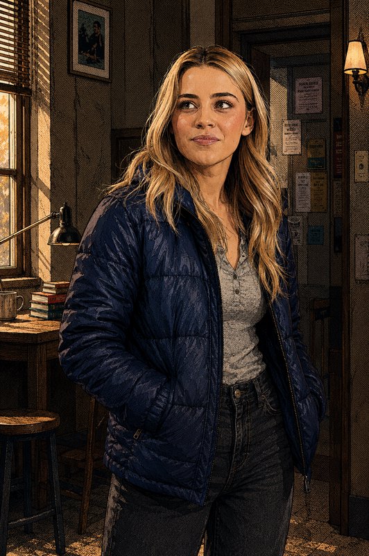 Woman in a blue puffer jacket standing in a warm, cafe-like indoor setting.