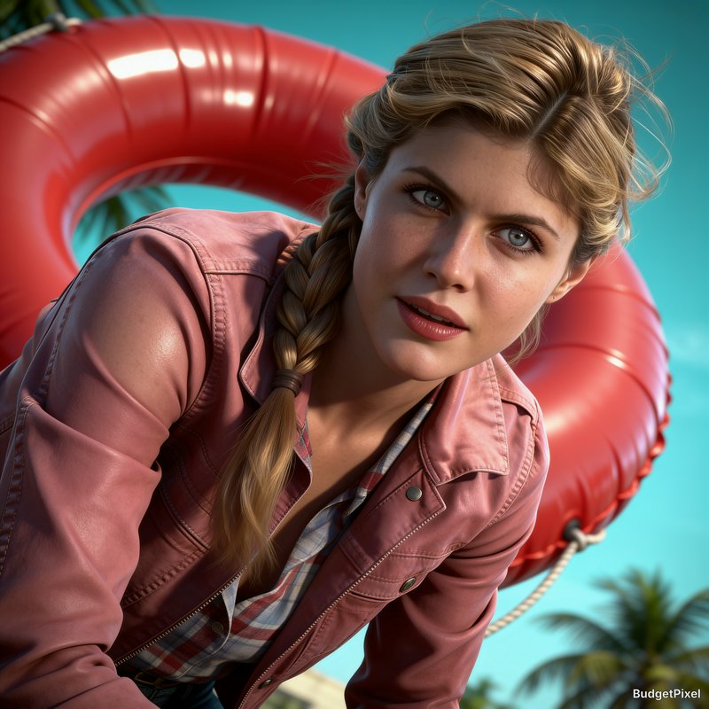 Hyperrealistic CGI portrait of young blonde woman with side braid, pink leather jacket, red life preserver, tropical