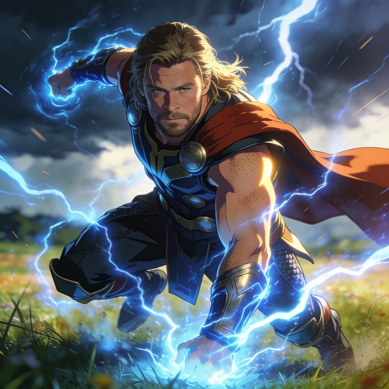 Anime-style Thor, God of Thunder, crouched battle-ready surrounded by glowing blue lightning under a stormy sky