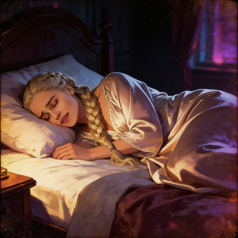 [Peaceful sleeping blonde woman with long braids resting in a vintage bed in a warm dimly lit night bedroom]