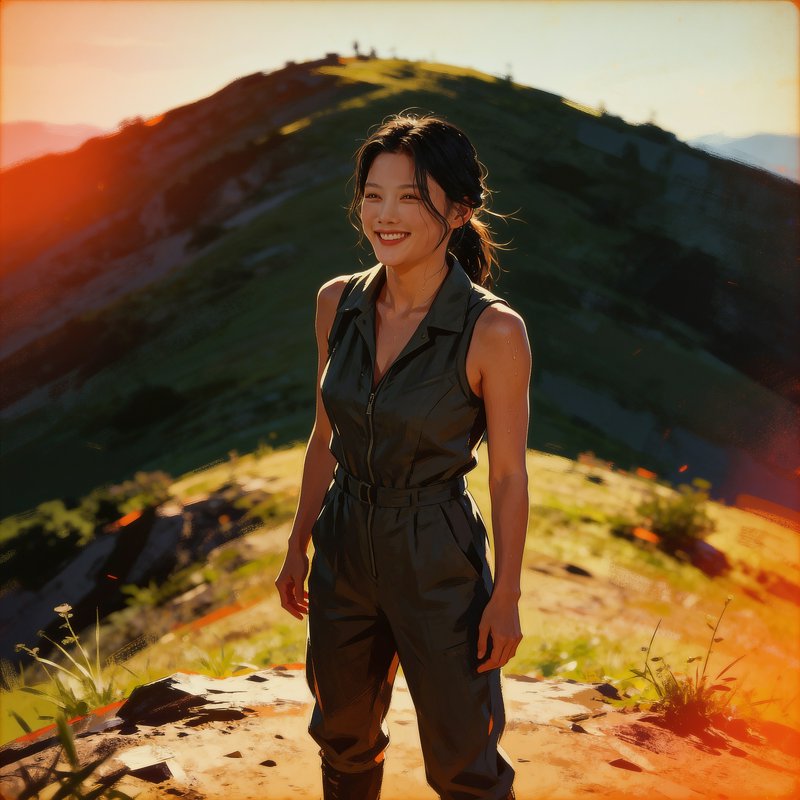 Smiling young female hiker in a dark jumpsuit stands on a mountain summit at glowing golden sunset