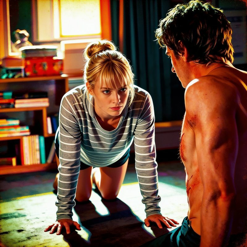 [Tense cinematic scene: blonde woman kneeling facing injured shirtless man in sunlit home interior]