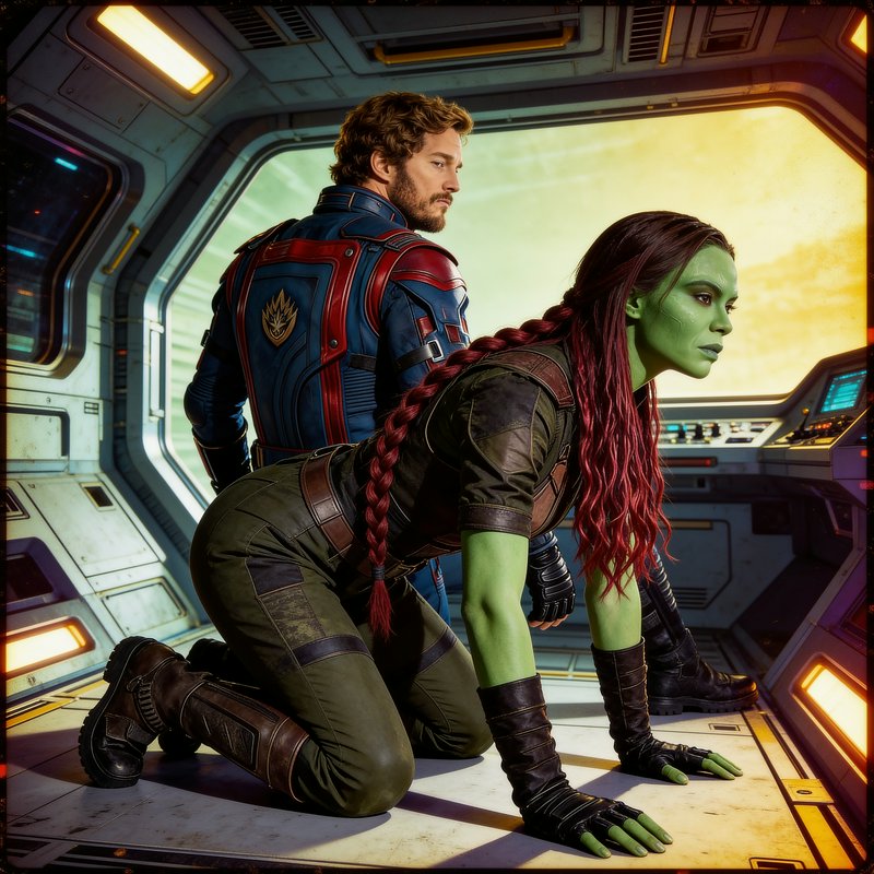 Gamora and Star-Lord from Guardians of the Galaxy inside a futuristic spaceship cockpit, Gamora c...