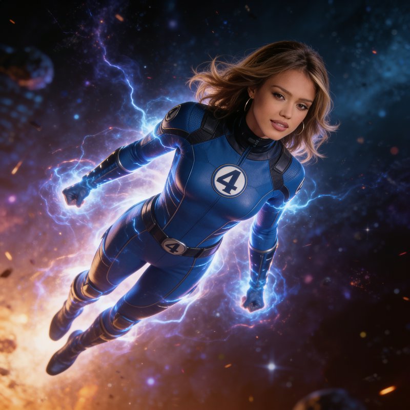 Invisible Woman Sue Storm flies glowing with energy in a blue Fantastic Four suit through cosmic outer space