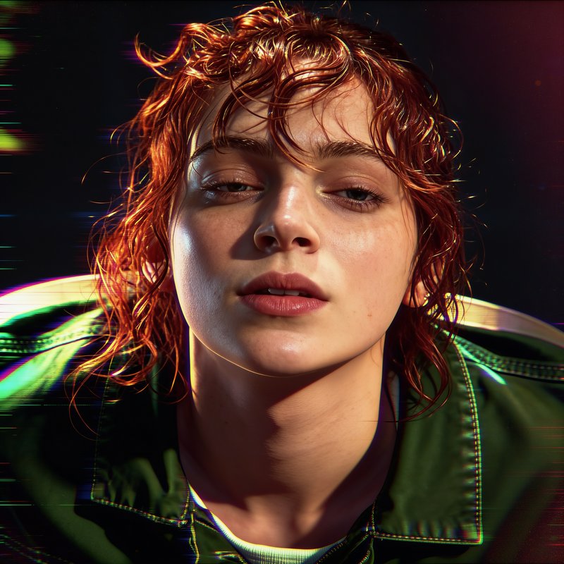 Close-up portrait of a person with wet curly red hair, dark green jacket, dramatic rim lighting, and subtle glitch effects.