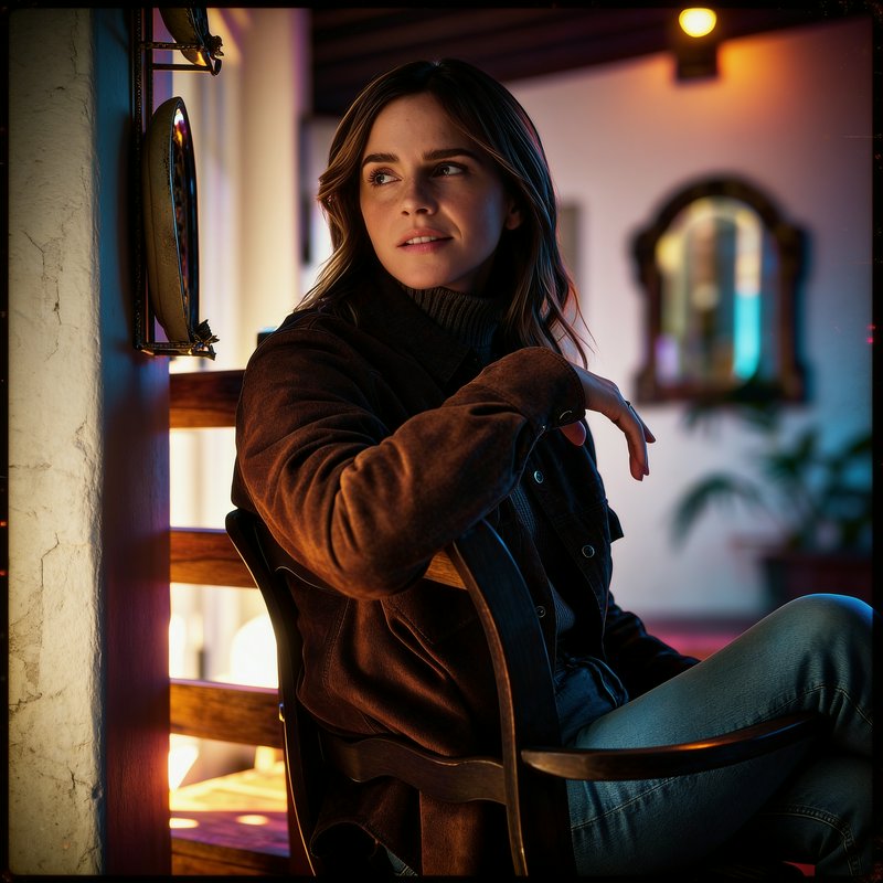 [Thoughtful portrait of a woman seated in a moodily lit cozy rustic indoor setting, looking off-camera]