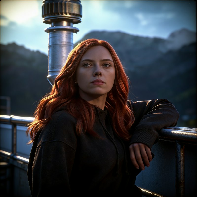 Cinematic portrait of red-haired Natasha Romanoff leaning on a metal railing, misty mountains in ...