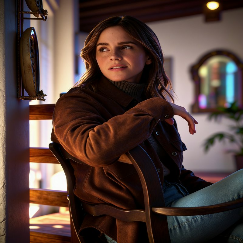 Cinematic portrait of Emma Watson sitting relaxed in a warm, sunlit rustic home interior