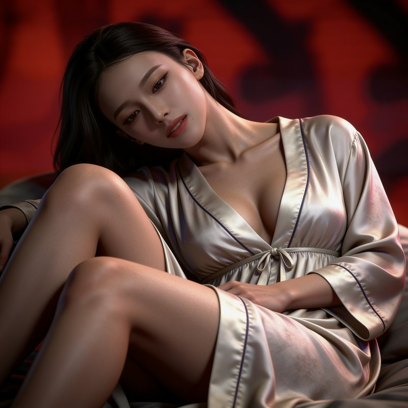 Hyperrealistic portrait of elegant East Asian woman reclining in a champagne silk robe against a ...