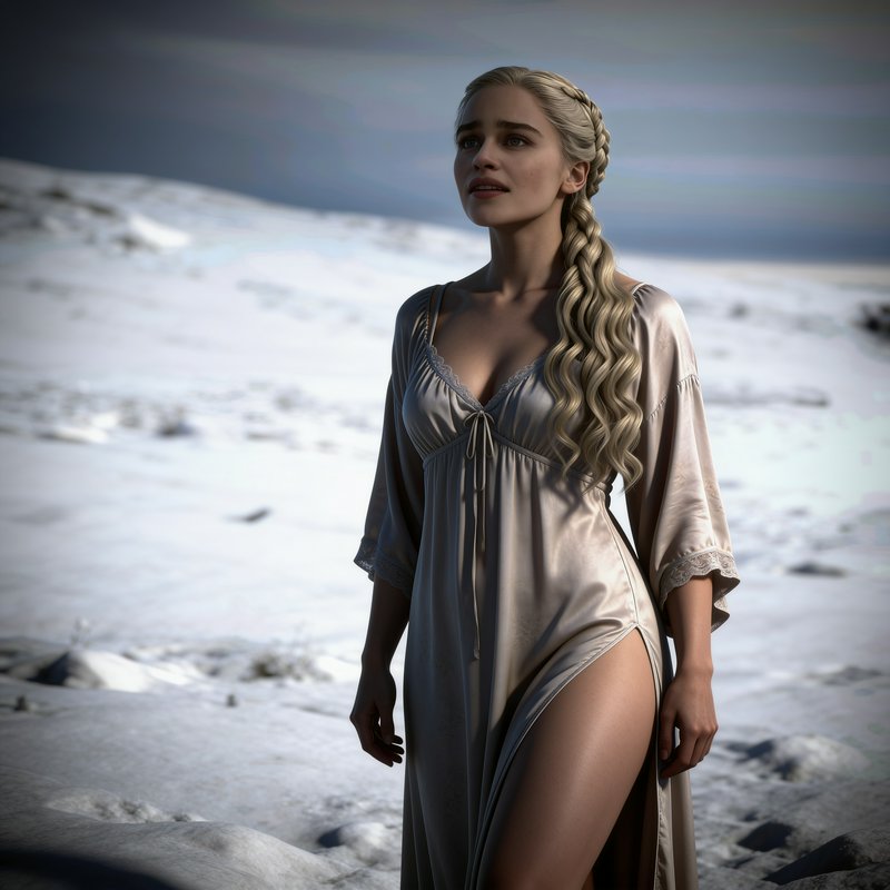 Daenerys Targaryen stands in a snowy arctic landscape in a silky pale gown under a moody overcast...