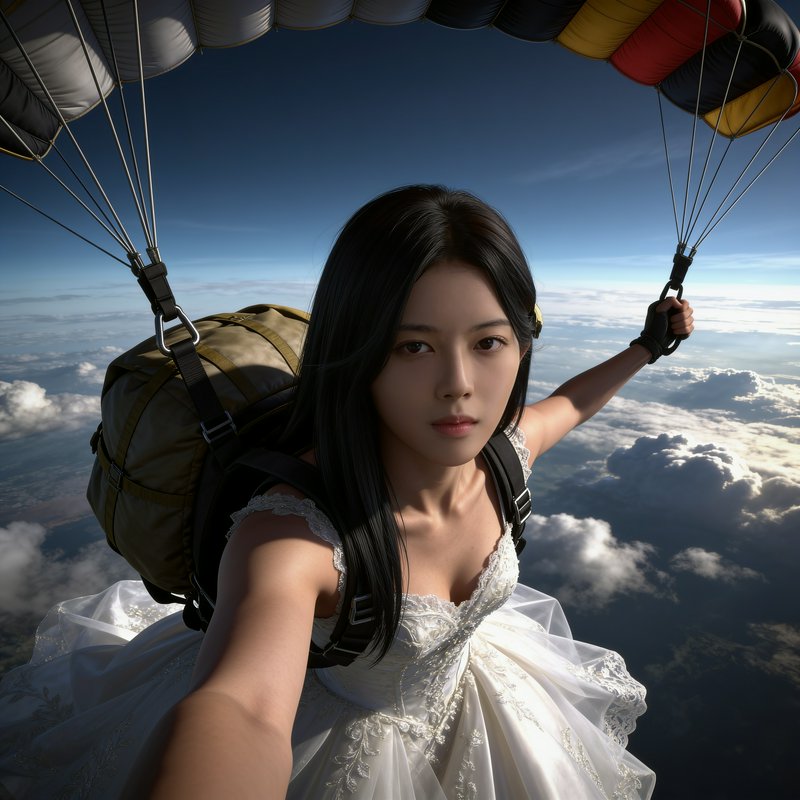 Young woman in a lace wedding dress takes a selfie while paragliding above a sea of clouds with a...