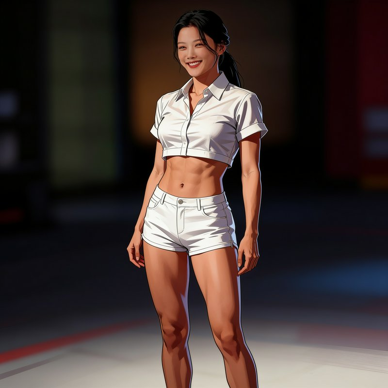 Stylized digital illustration of a smiling athletic East Asian woman in a white cropped shirt and...