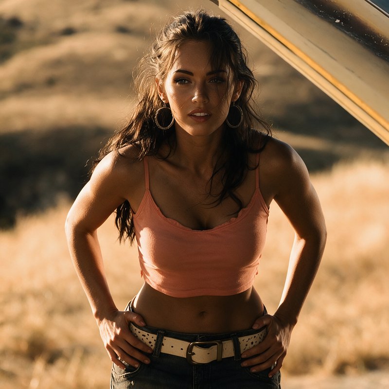 Woman in peach crop top stands hands on hips beside an open car door, golden hour grassy hills in...