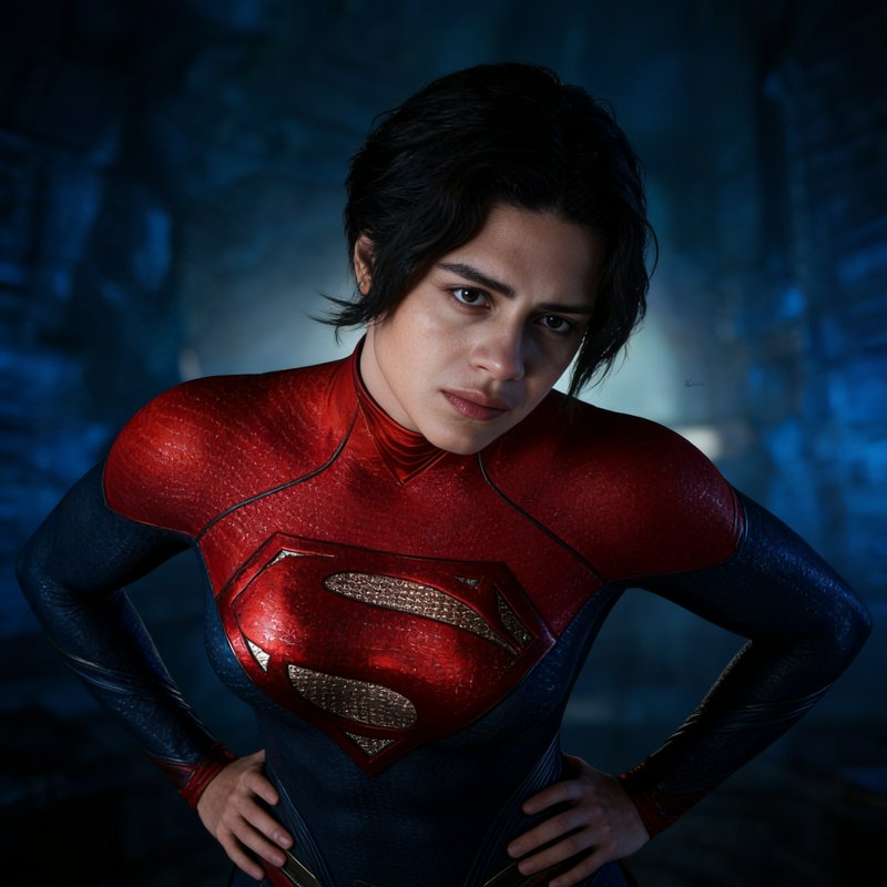 Cinematic portrait of Supergirl in red and blue supersuit, hands on hips, serious expression agai...
