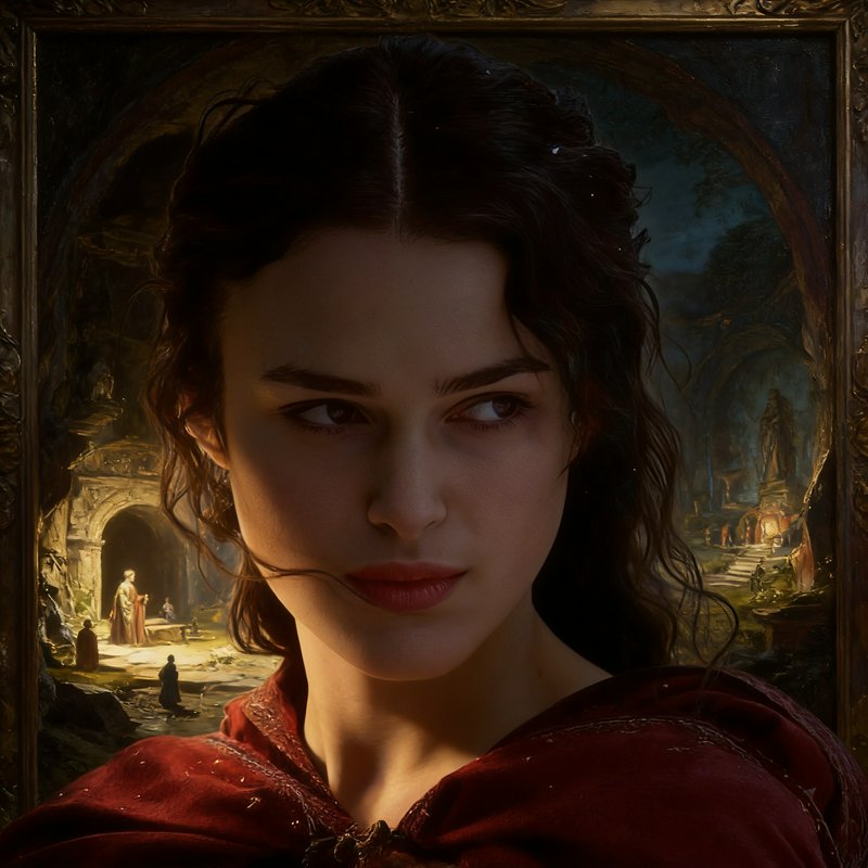 Close-up portrait of dark-haired woman in embroidered red cloak, dramatic warm lighting, with fra...
