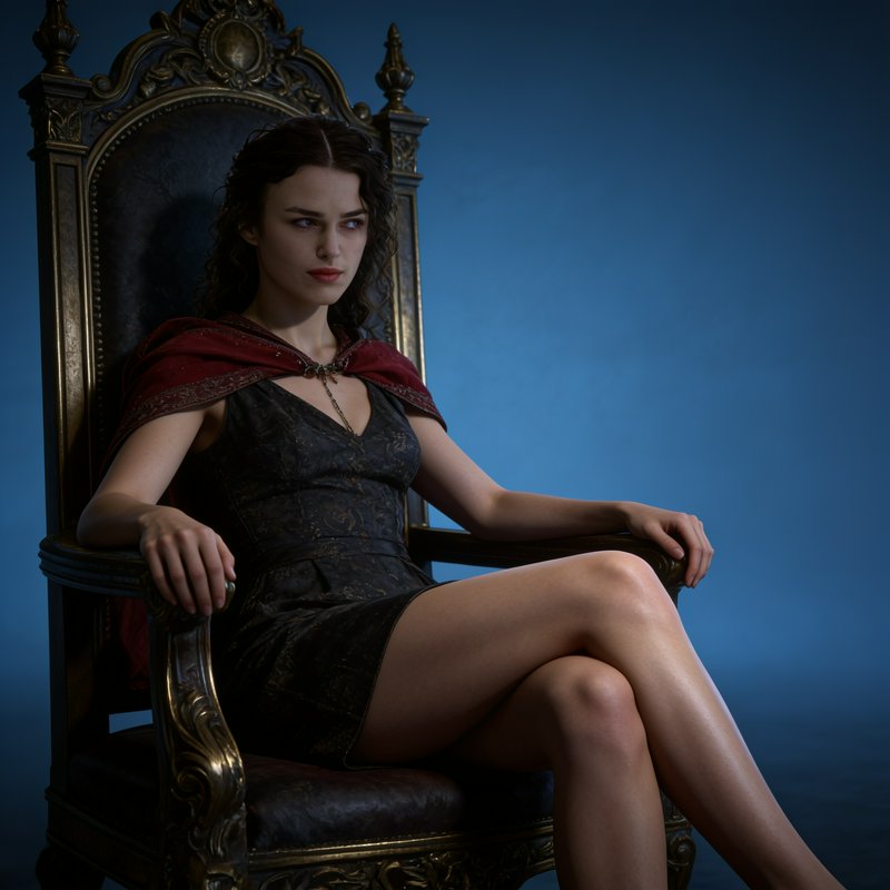 Serious fantasy queen in a red cape and dark dress sits confidently on an ornate gilded throne ag...
