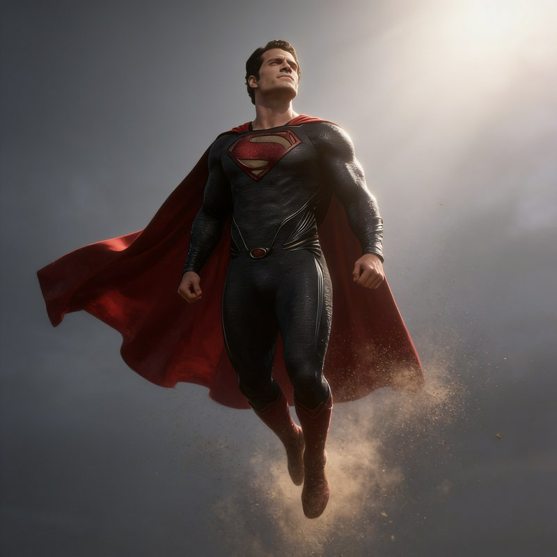 Hyper-realistic Superman in black suit and red cape hovers upward, dust trailing below against a ...