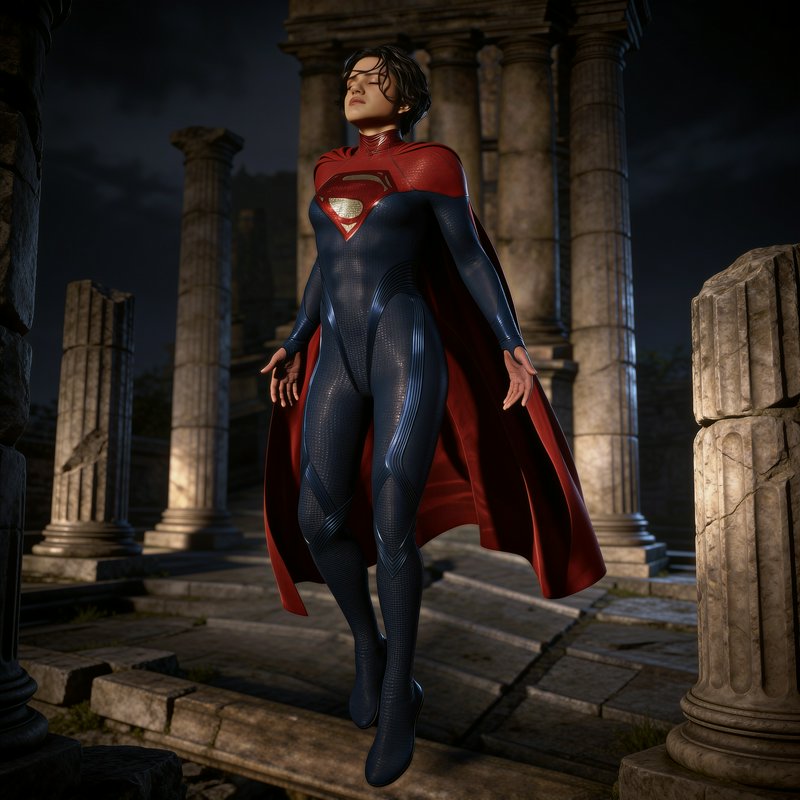 Supergirl levitates with eyes closed above crumbling ancient stone temple ruins at dark night