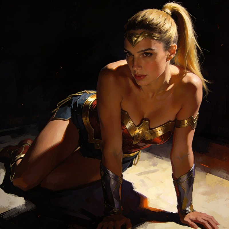 Wonder Woman in her classic hero suit holds a poised low stance, looking intensely toward the viewer against a dark
